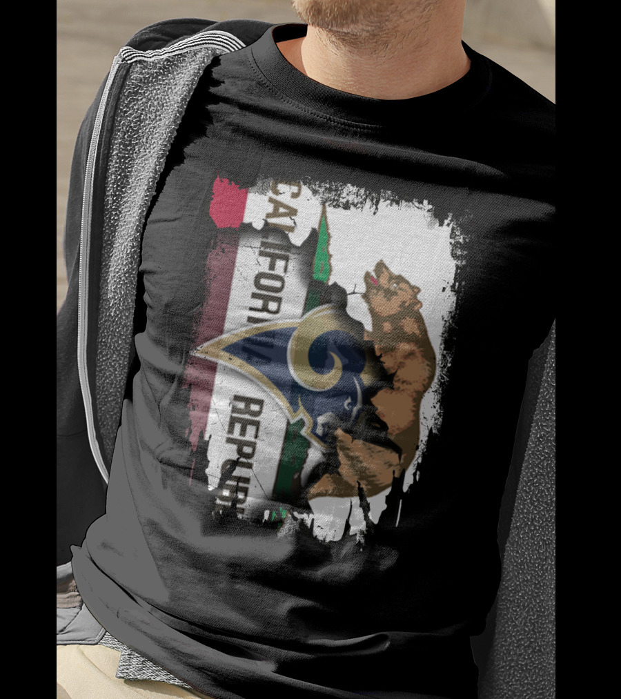 California Republic With Rams Logo Featuring Bear And State Flag T-Shirt