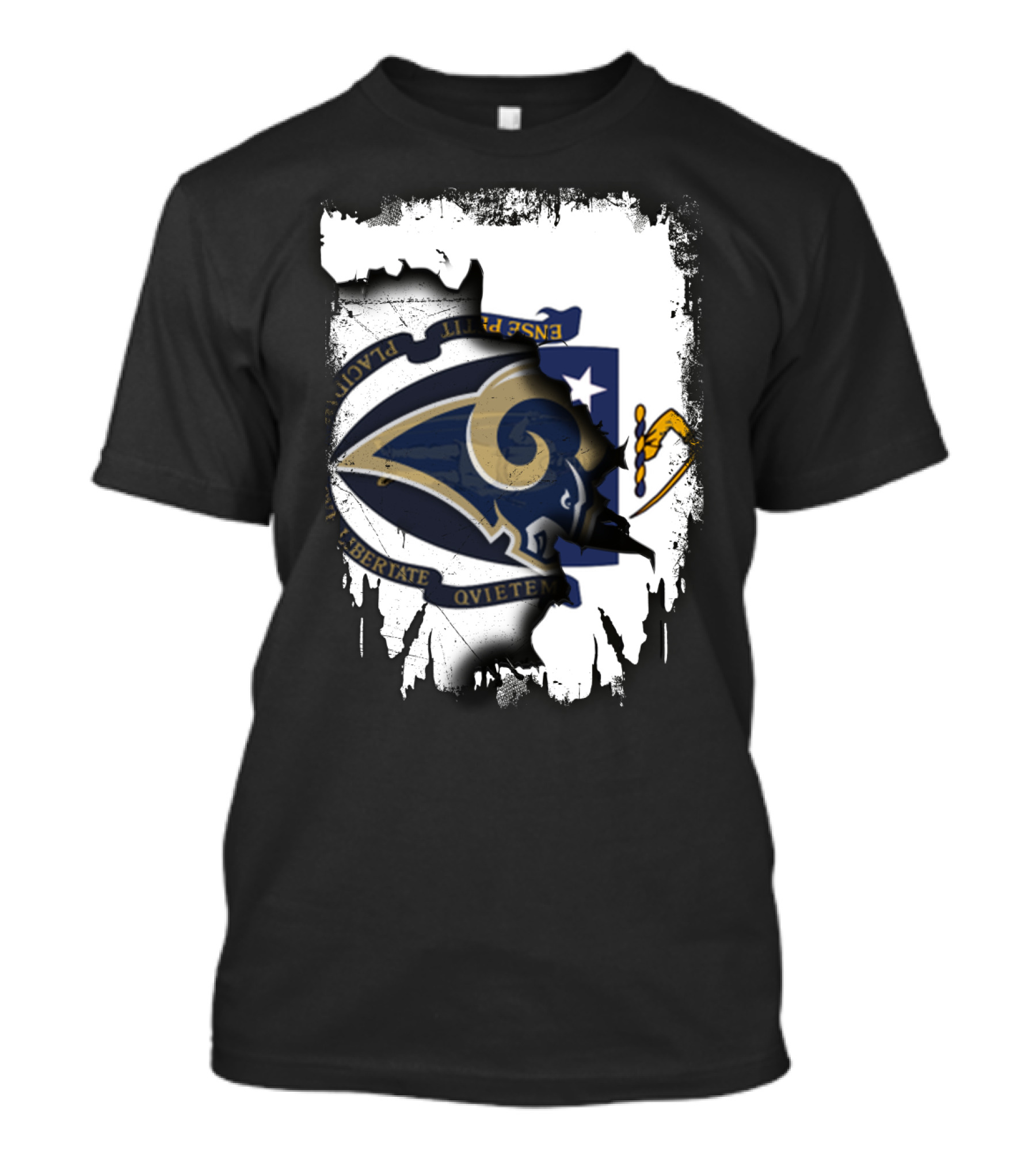 Massachusetts Together With Rams Logo Inside Torn Flag T-Shirt