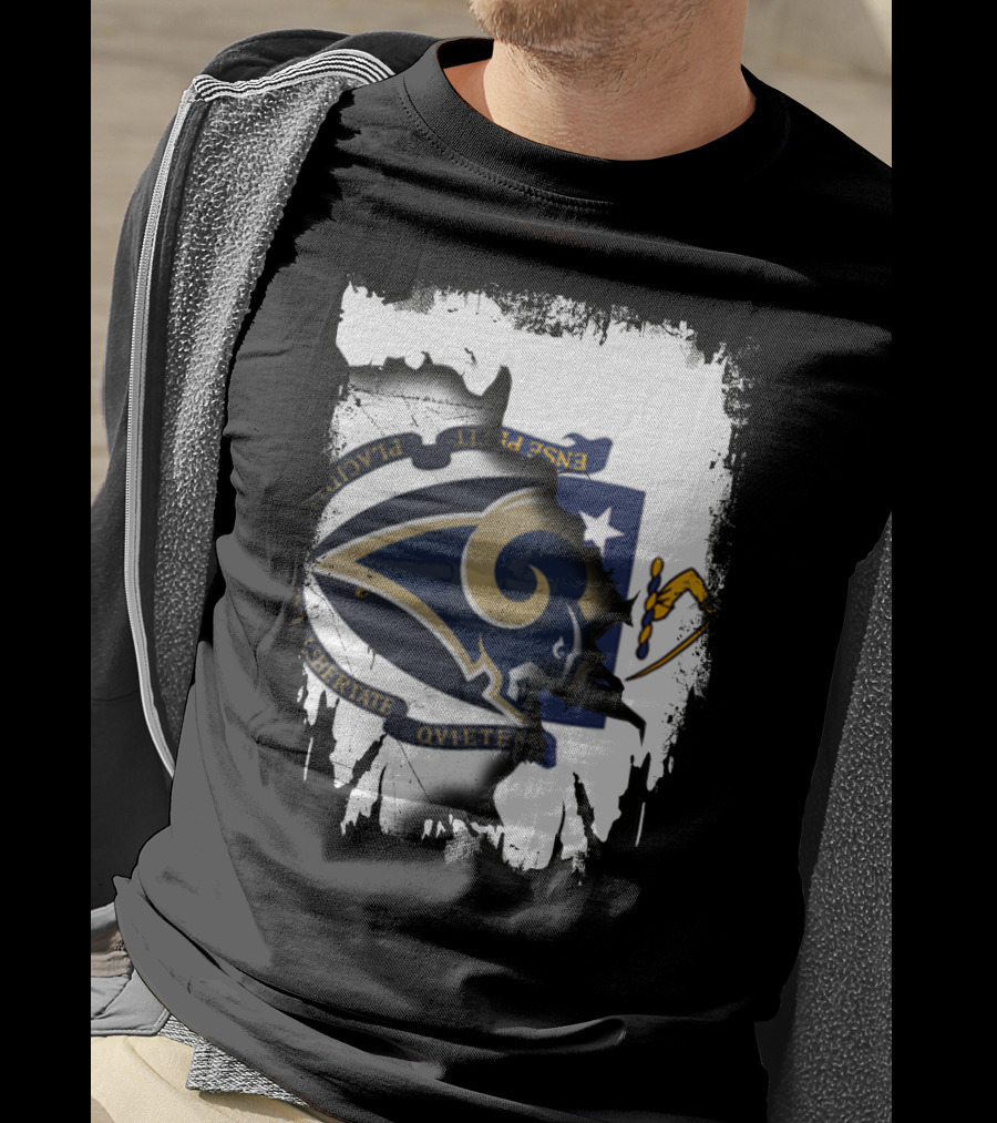 Massachusetts Together With Rams Logo Inside Torn Flag T-Shirt