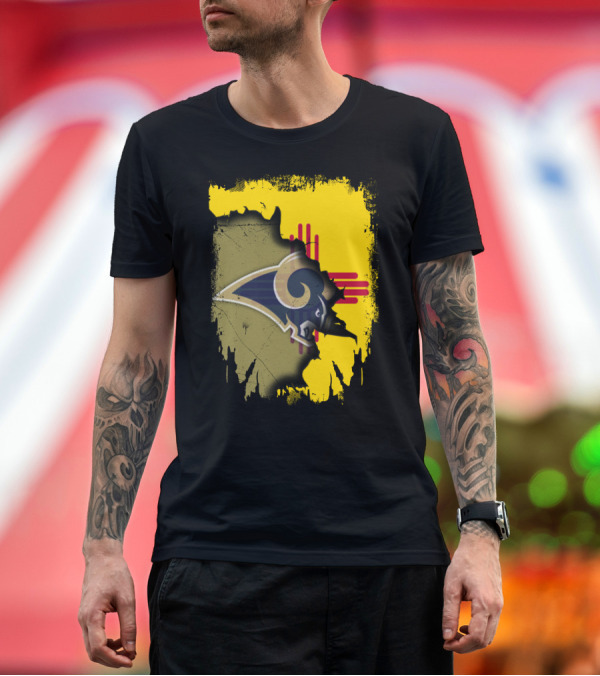 Premium T-Shirt: Together New Mexico Rams Logo on Distressed New Mexico Flag Background T-Shirt Together New Mexico Rams Logo on Distressed New Mexico Flag Background T-Shirt
