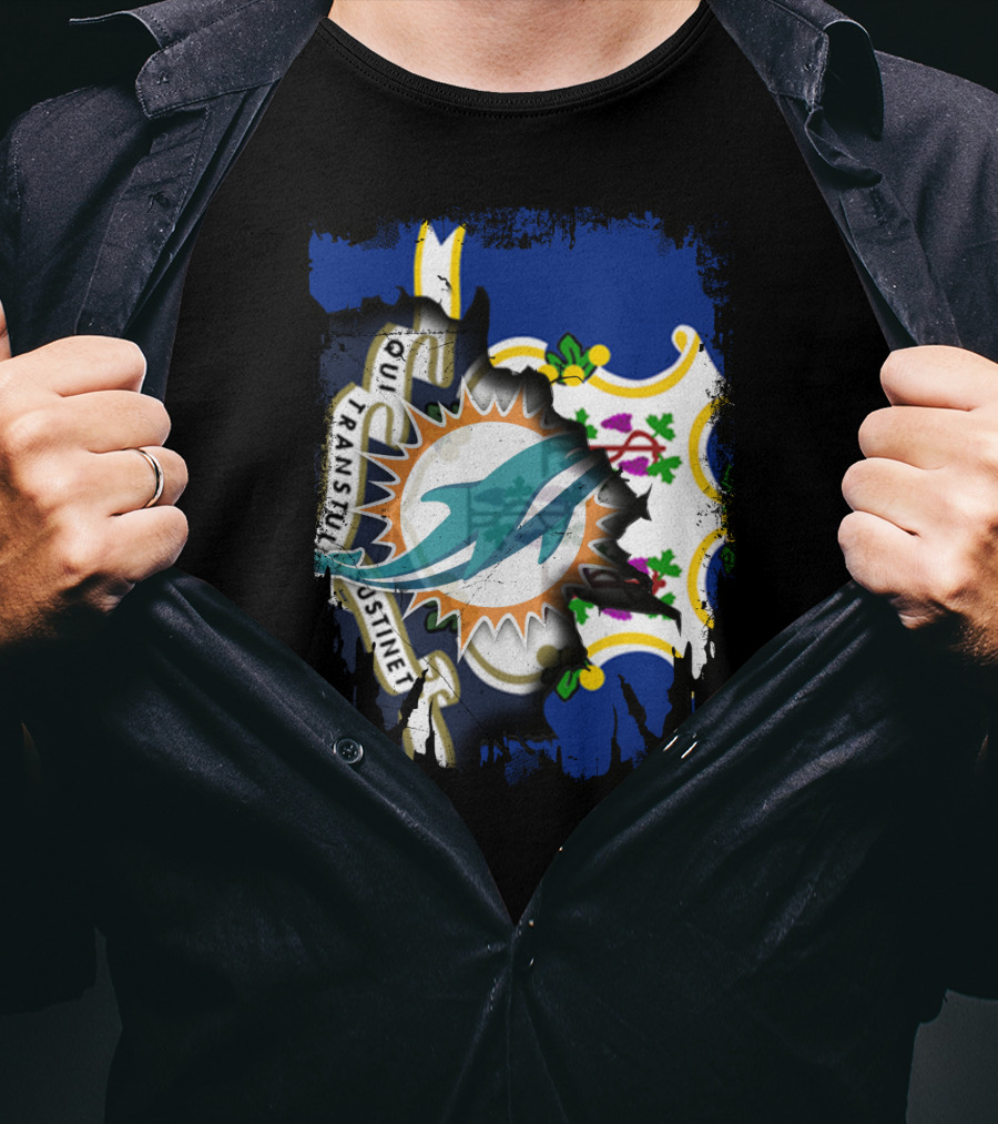 Connecticut State Flag Merged With Miami Dolphins T-Shirt