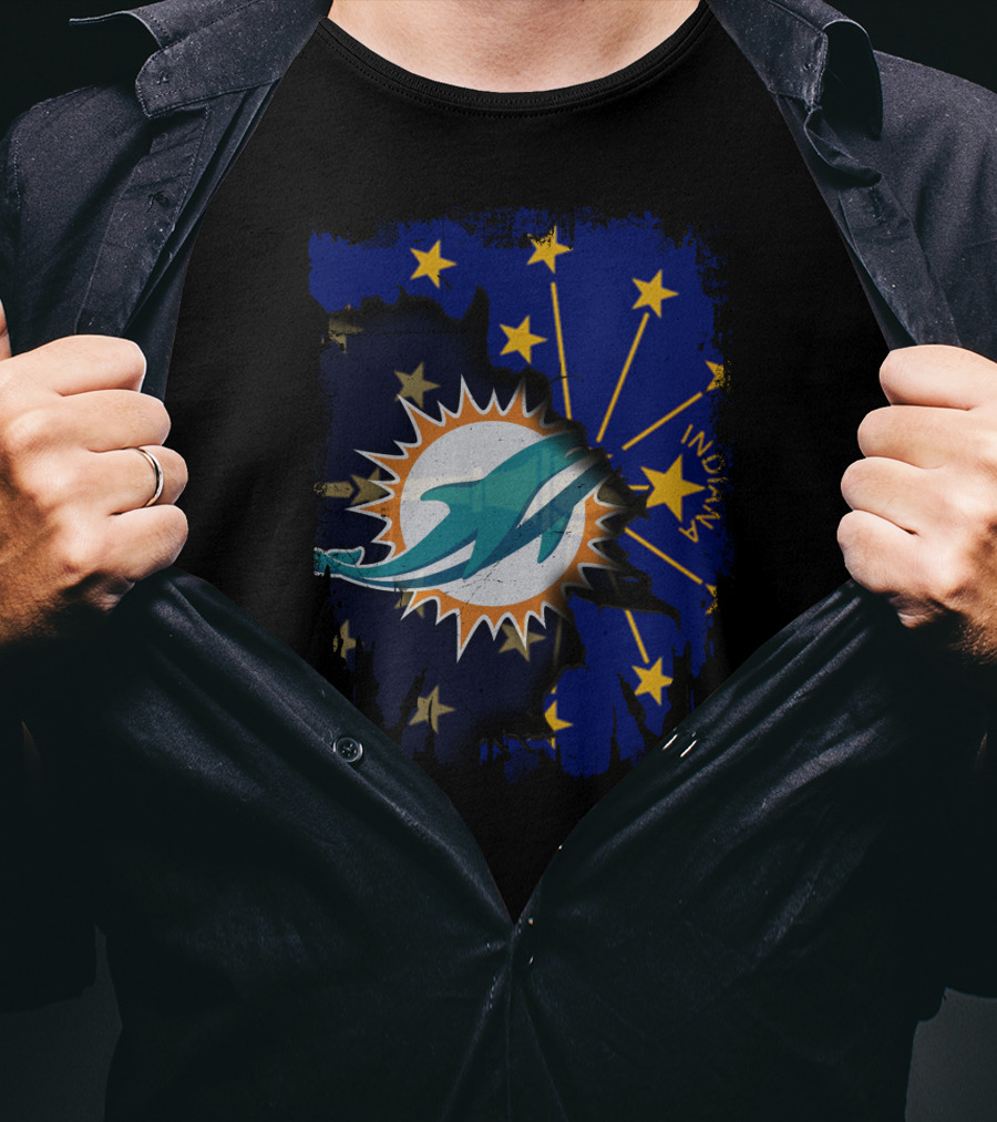 Indiana State Stars With Miami Dolphins Logo Fusion T-Shirt