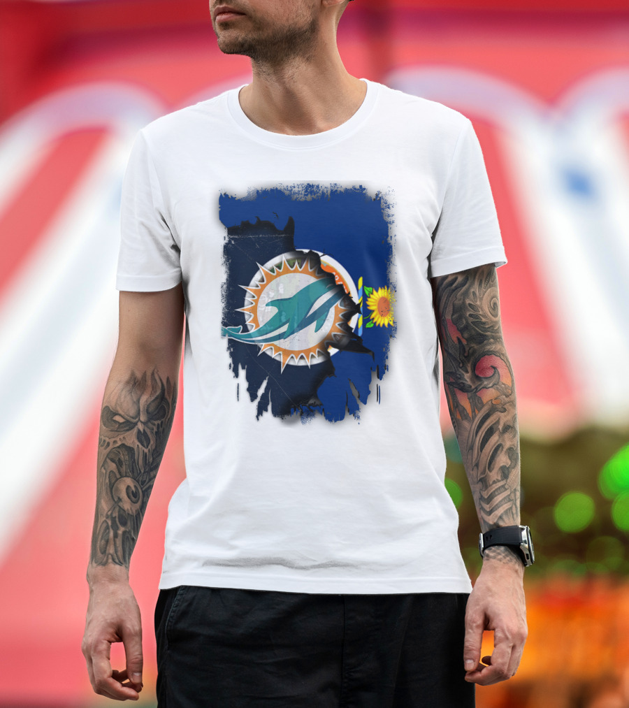 Kansas Flag with Miami Dolphins Logo and Sunflower T-Shirt