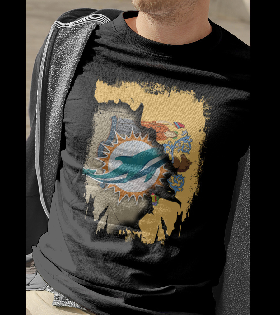 New Jersey Emblem With Miami Dolphins Logo Peeking Through T-Shirt