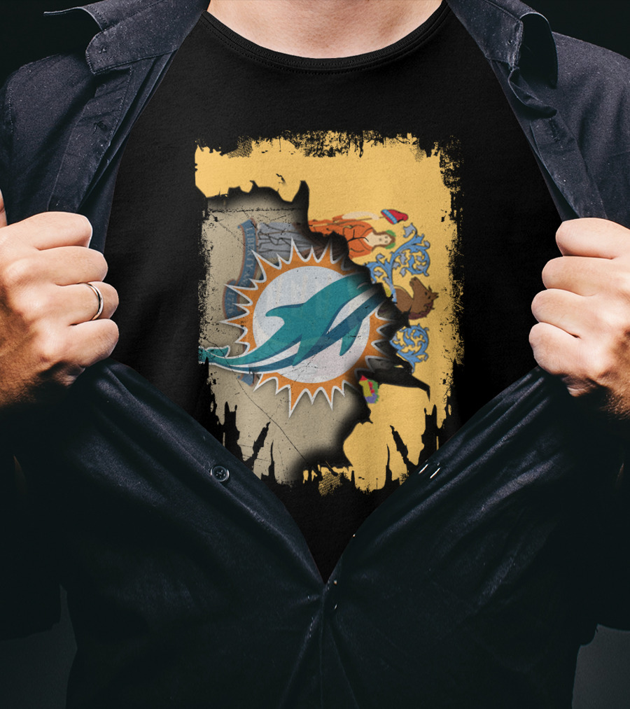 New Jersey Emblem With Miami Dolphins Logo Peeking Through T-Shirt