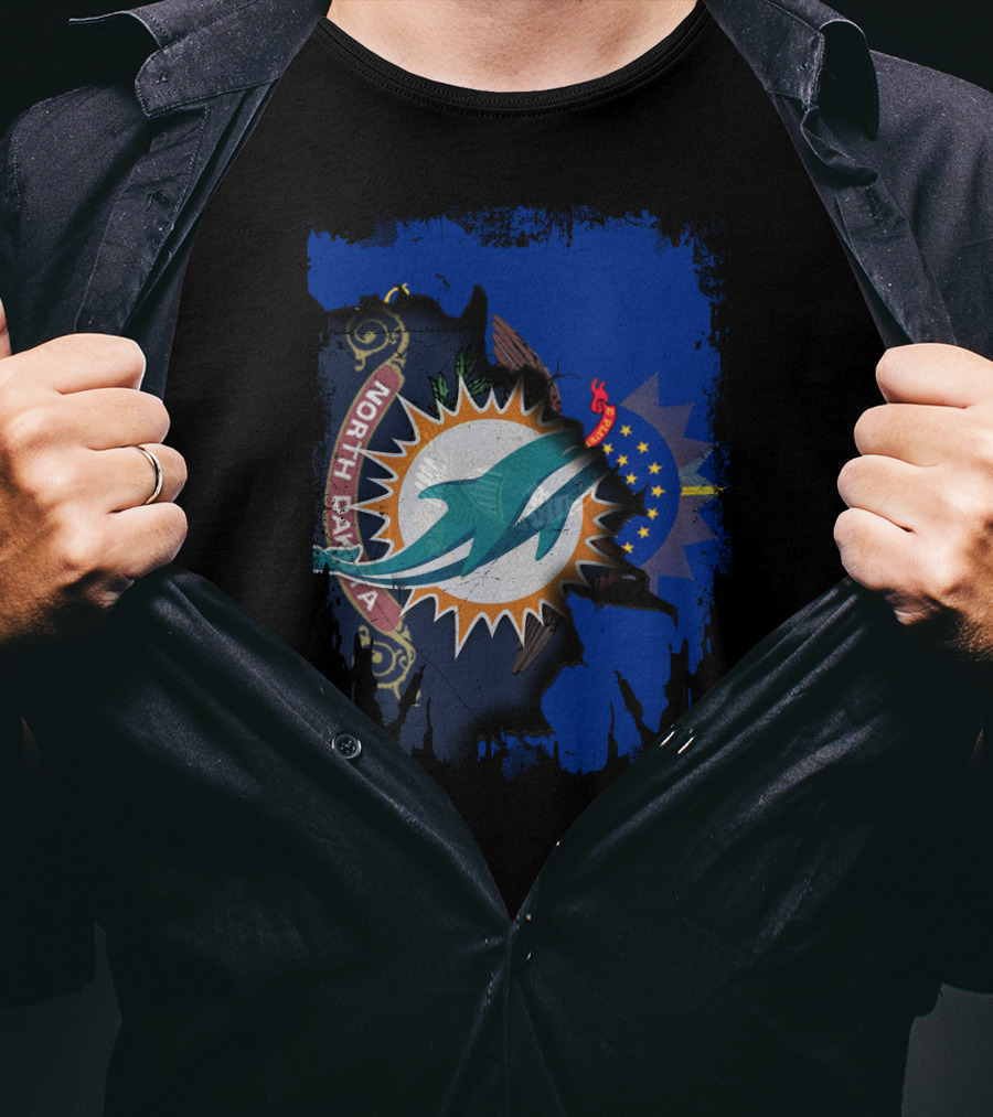 North Dakota State Flag With Dolphins NFL Logo Fusion T-Shirt