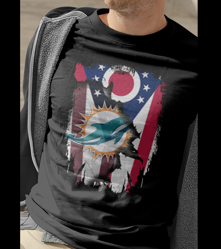 Ohio Flag Torn To Reveal Dolphins Logo Fusion T-Shirt