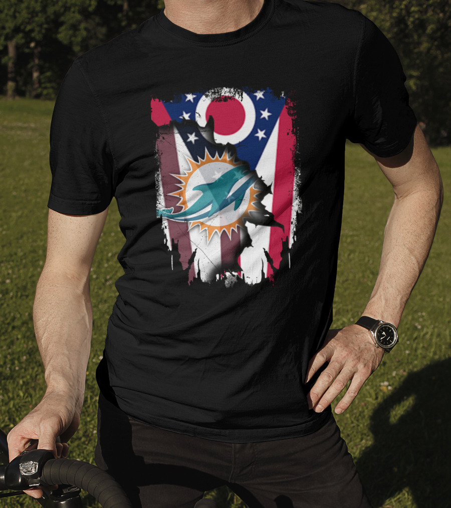 Ohio Flag Torn To Reveal Dolphins Logo Fusion T-Shirt