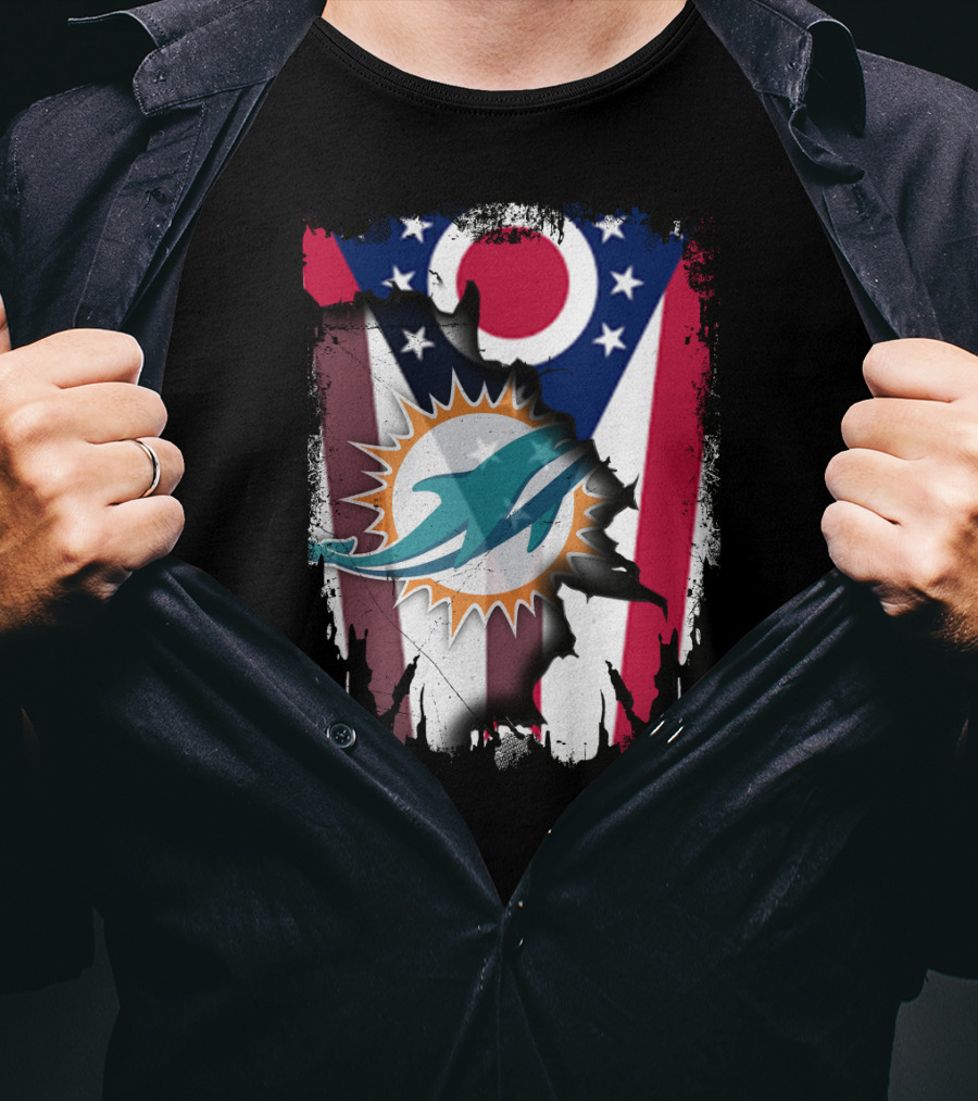 Ohio Flag Torn To Reveal Dolphins Logo Fusion T-Shirt