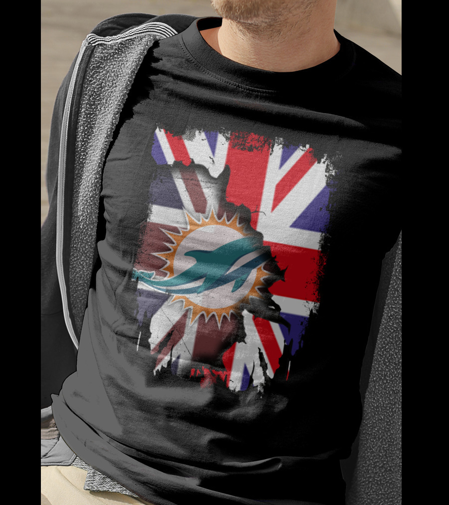 United Kingdom And Miami Dolphins Union Flag Fusion T-Shirt