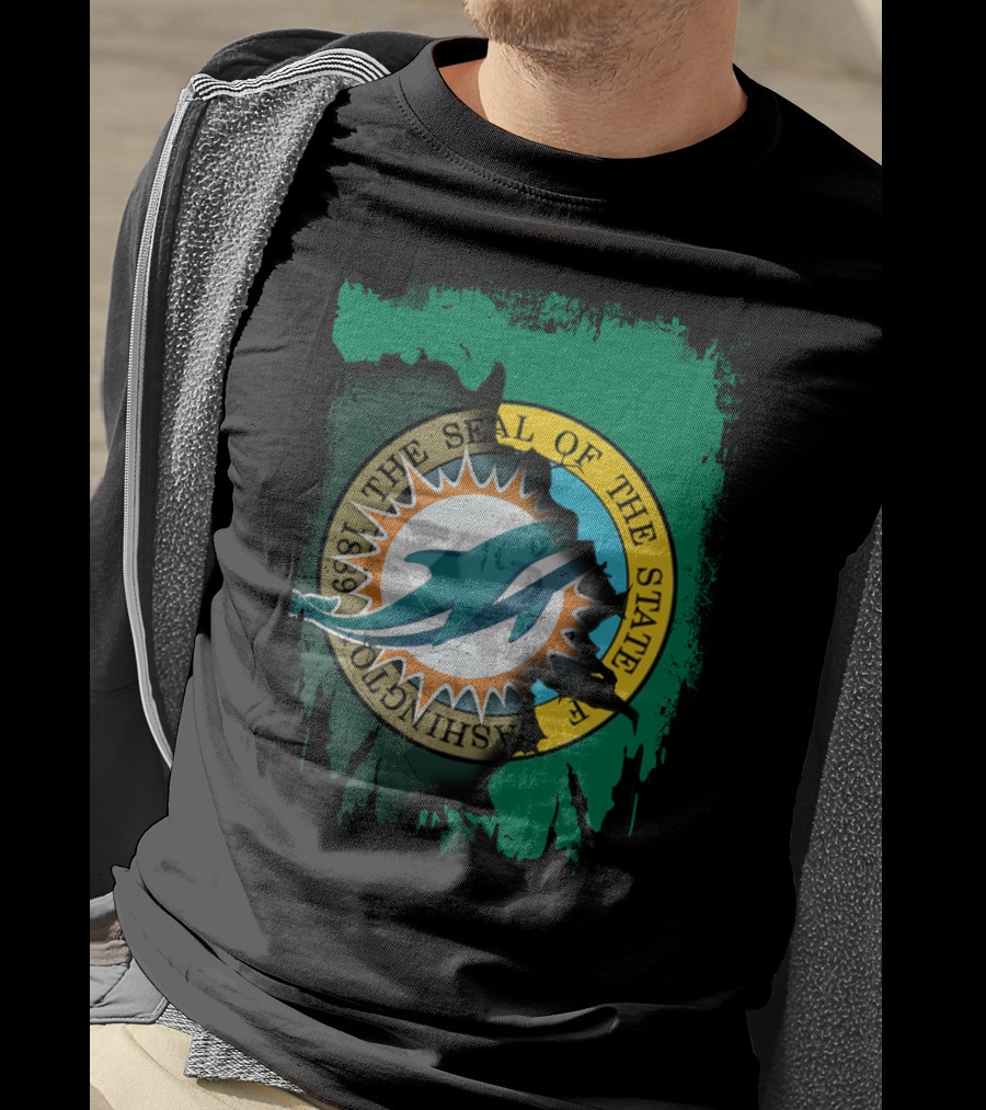 The Seal Of The State Of Washington Dolphins Logo Fusion T-Shirt