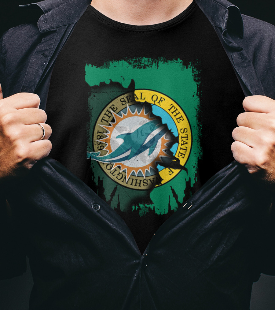 The Seal Of The State Of Washington Dolphins Logo Fusion T-Shirt