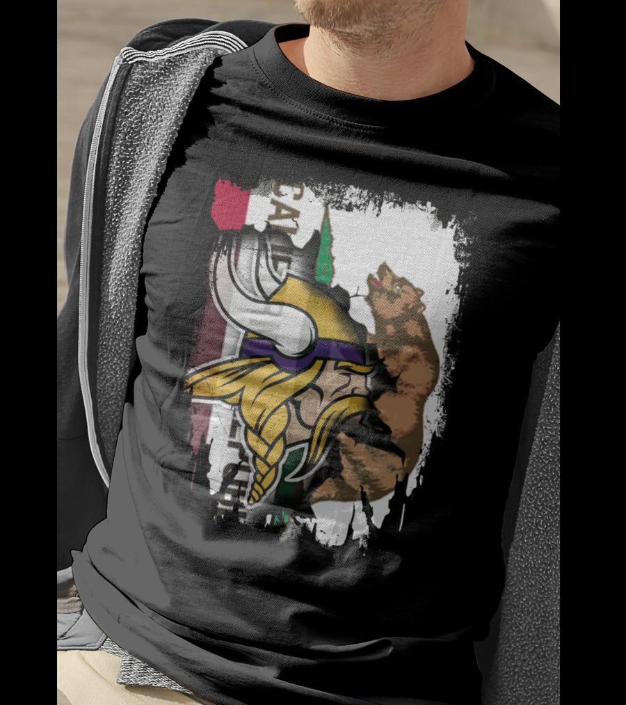 California Republic Viking Helmet Bear California Flag T-Shirt