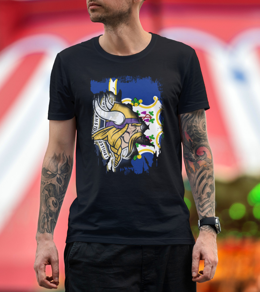 Connecticut State Flag Blended with Vikings Football Team T-Shirt