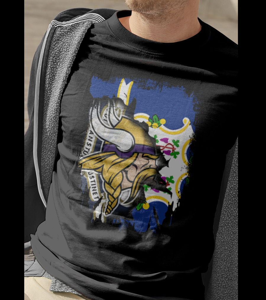 Connecticut State Flag Blended With Vikings Football Team T-Shirt