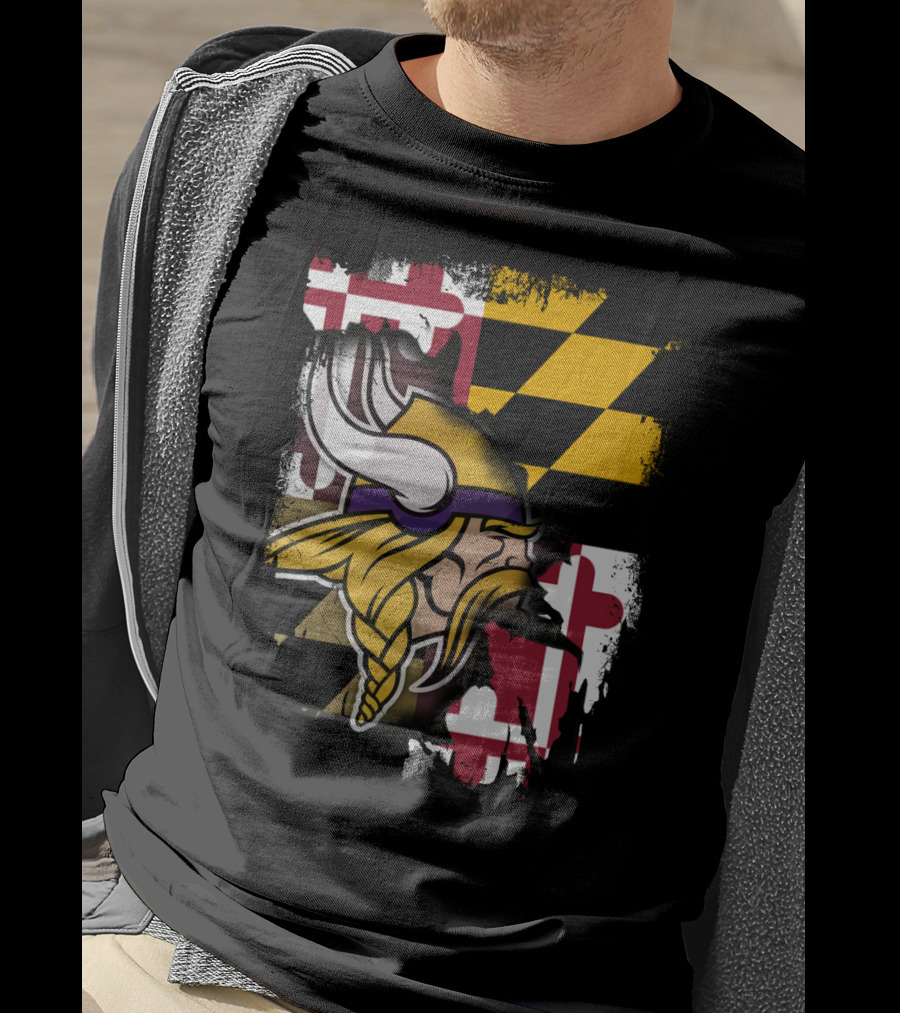 Vikings Helmet Art With Maryland Flag Background T-Shirt