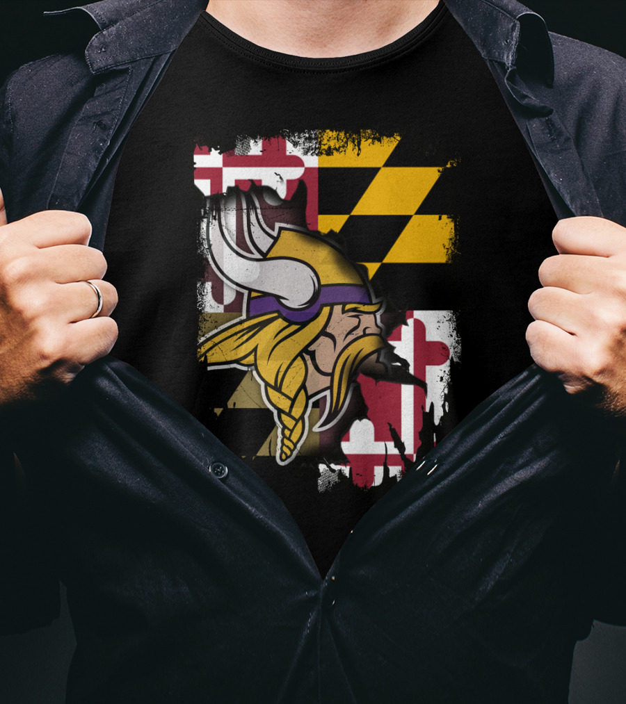 Vikings Helmet Art With Maryland Flag Background T-Shirt