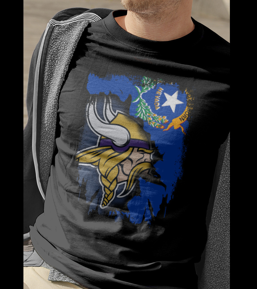 Nevada State Flag Meets Vikings Helmet Emblem T-Shirt