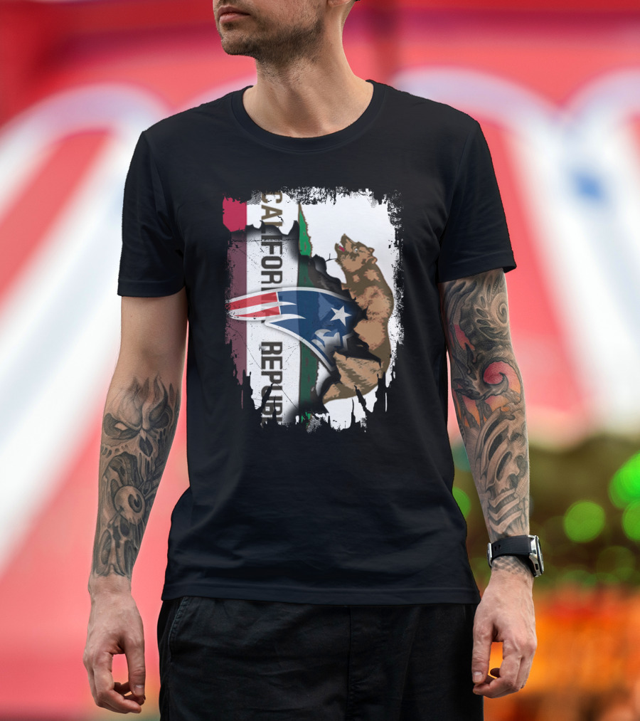 California Republic Flag and New England Patriots Logo Fusion T-Shirt