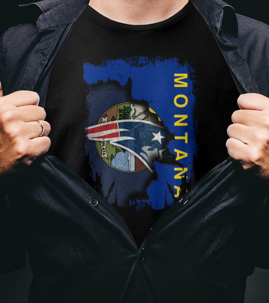 Montana State Flag With New England Patriots Logo Overlay T-Shirt