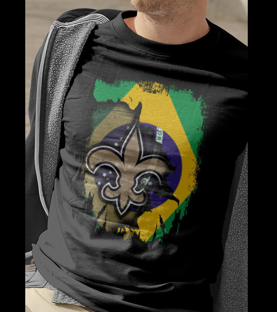 Brazilian Flag With New Orleans Saints Fleur-de-Lis Emblem T-Shirt
