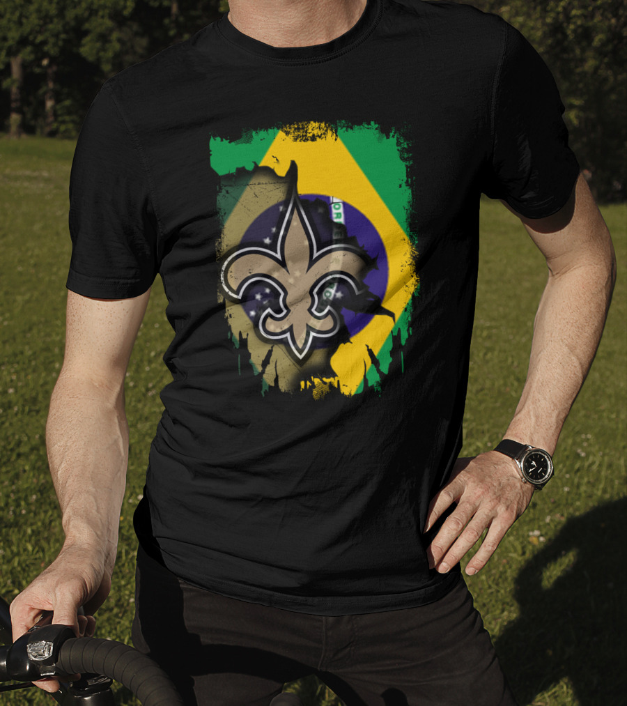 Brazilian Flag With New Orleans Saints Fleur-de-Lis Emblem T-Shirt