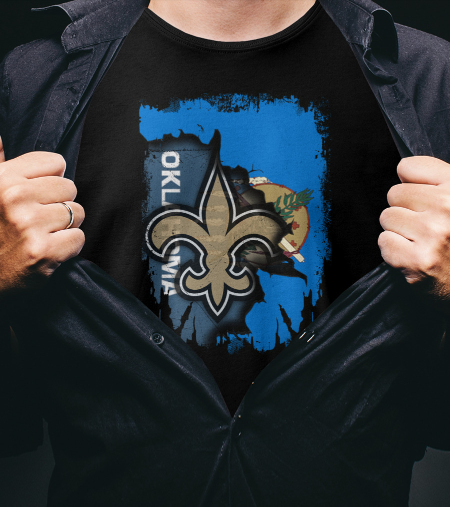 Oklahoma State Flag With New Orleans Saints Fleur-de-Lis T-Shirt