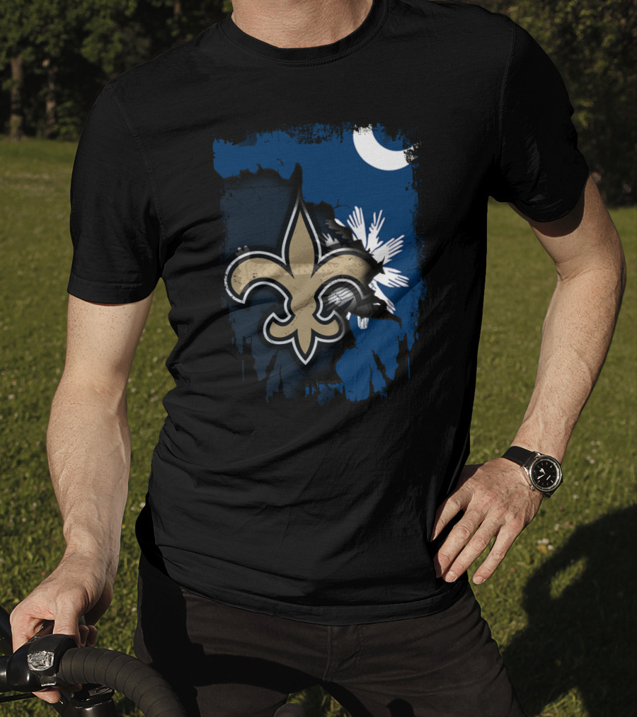 Together South Carolina With New Orleans Saints Fleur-De-Lis Moon Palmetto Tree T-Shirt