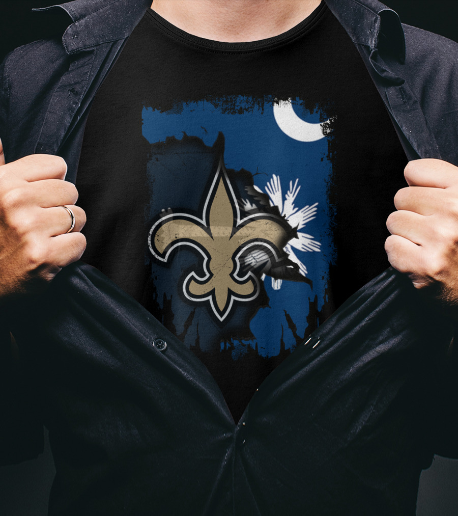 Together South Carolina With New Orleans Saints Fleur-De-Lis Moon Palmetto Tree T-Shirt