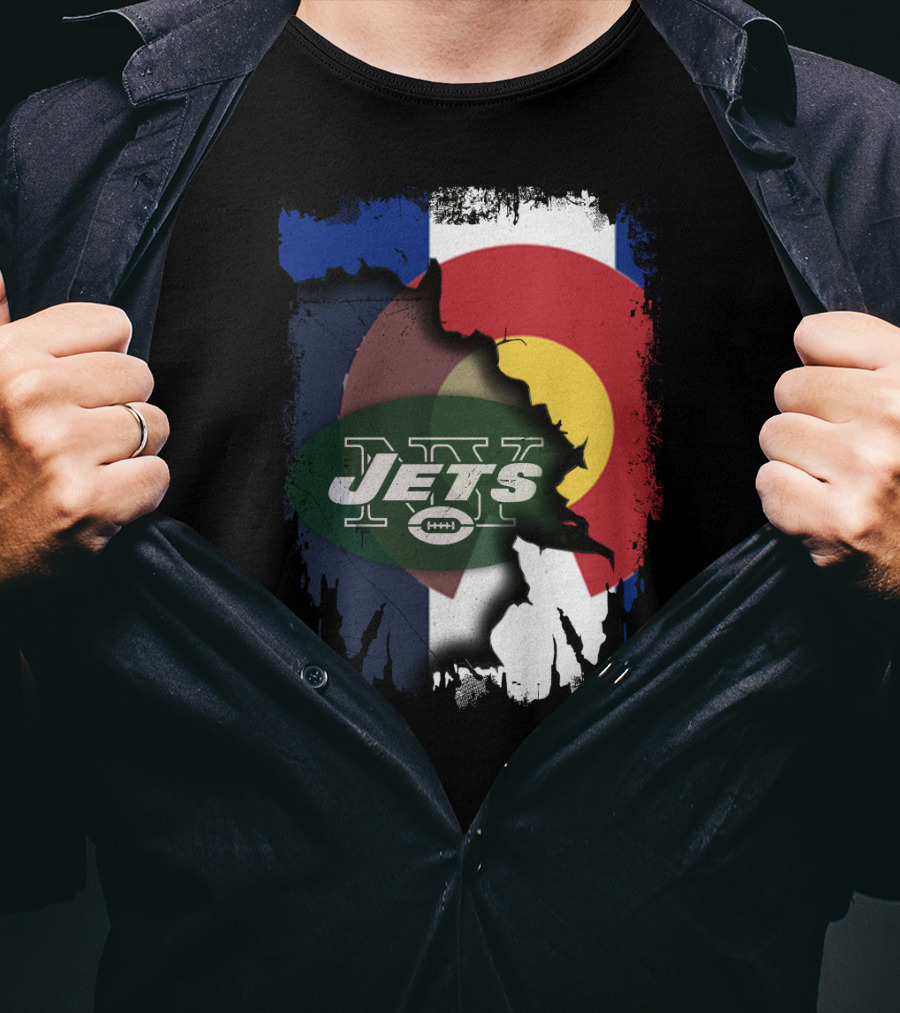 Colorado State Flag With Jets Football Logo In Torn T-Shirt