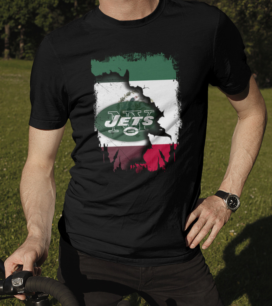 Mexico Flag Background With NY Jets Logo And Aztec Eagle T-Shirt