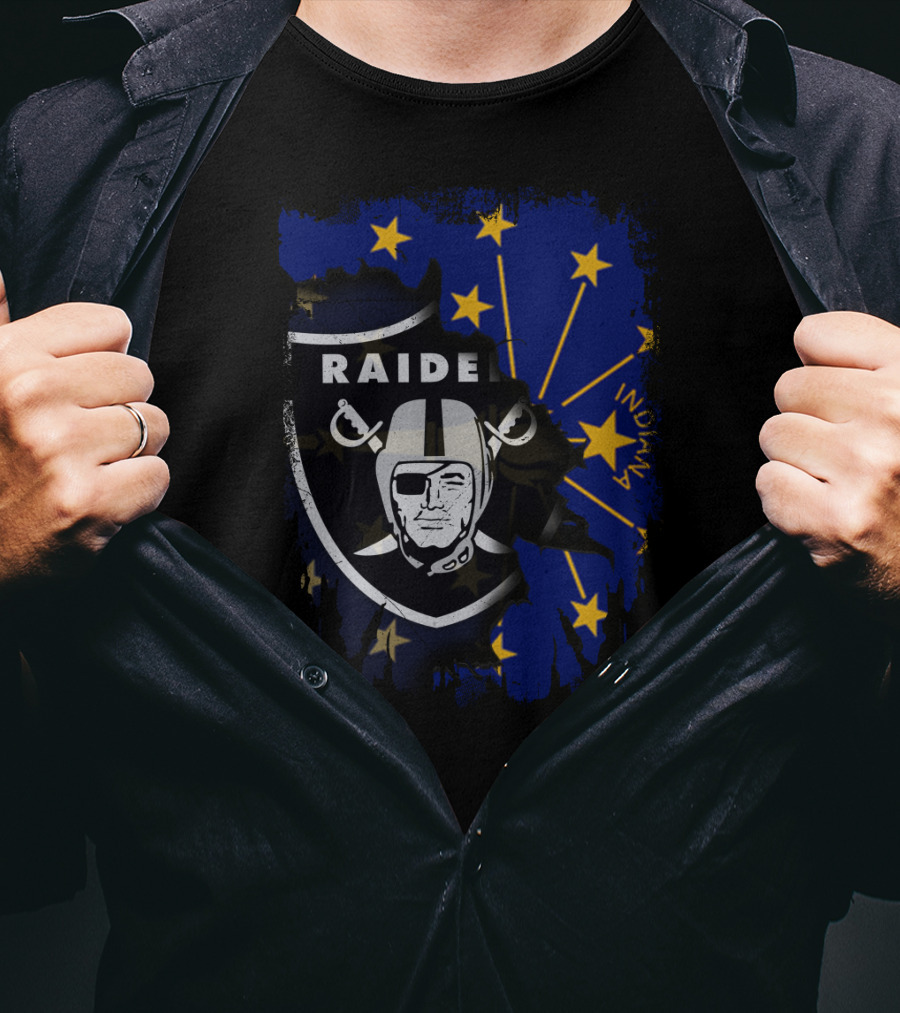 Raiders Logo Overlay On Indiana State Flag With Stars And Helmet T-Shirt