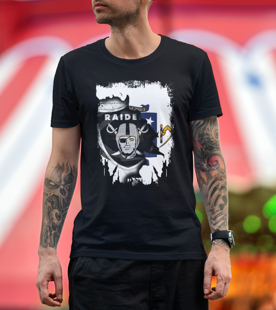 Massachusetts State Flag and Raiders Logo Fusion T-Shirt