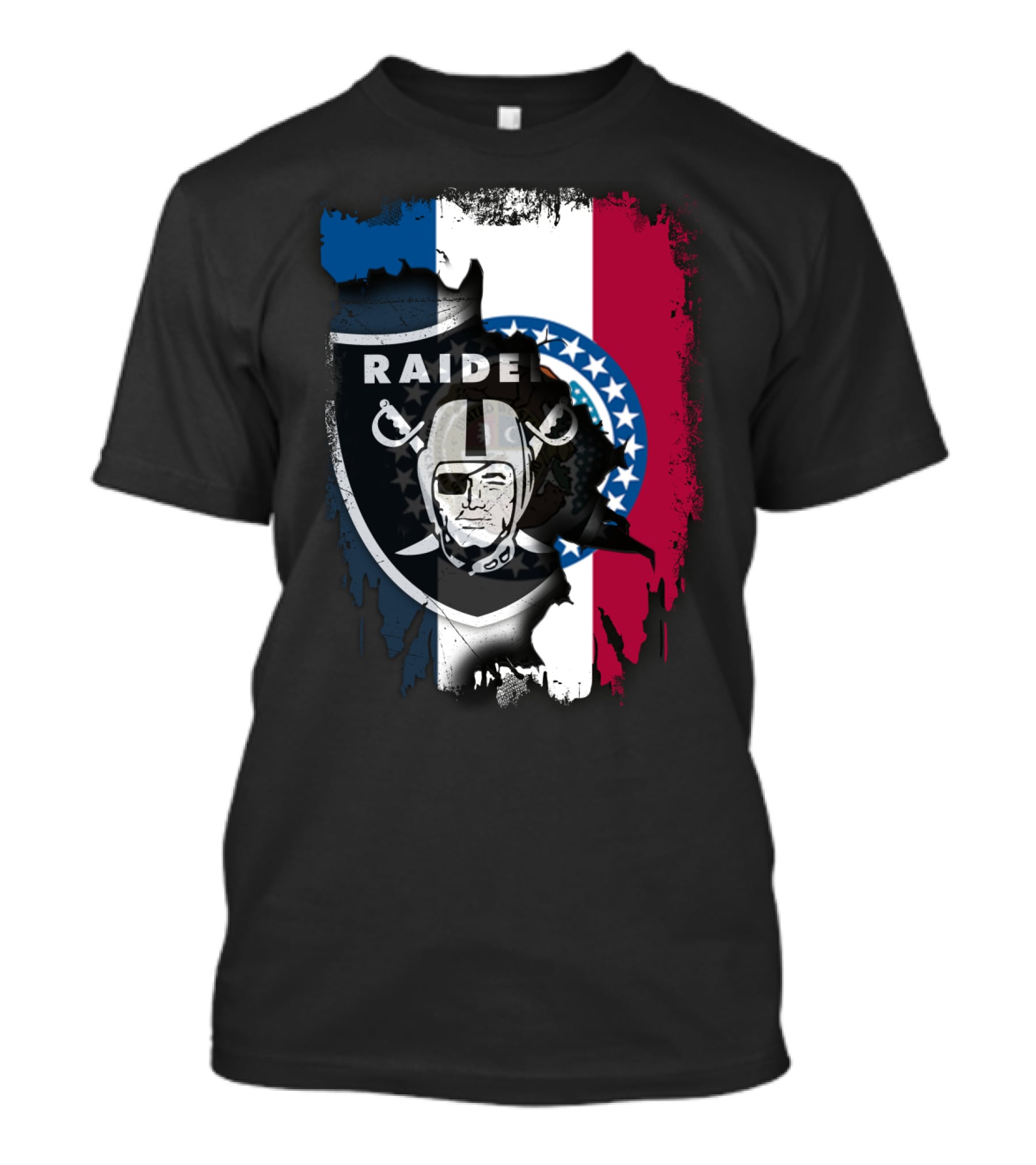 Missouri Flag With Raiders Shield Overlaid T-Shirt
