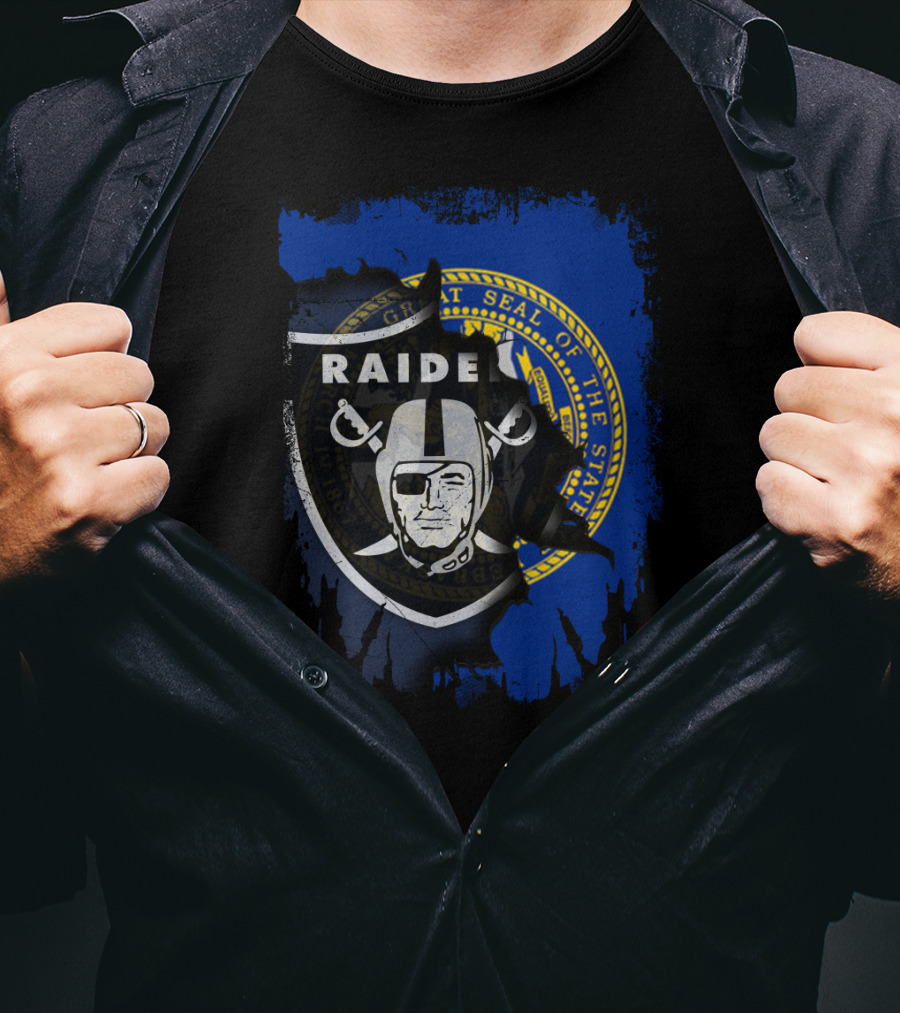 Nebraska State Seal Behind Raiders Logo Together T-Shirt