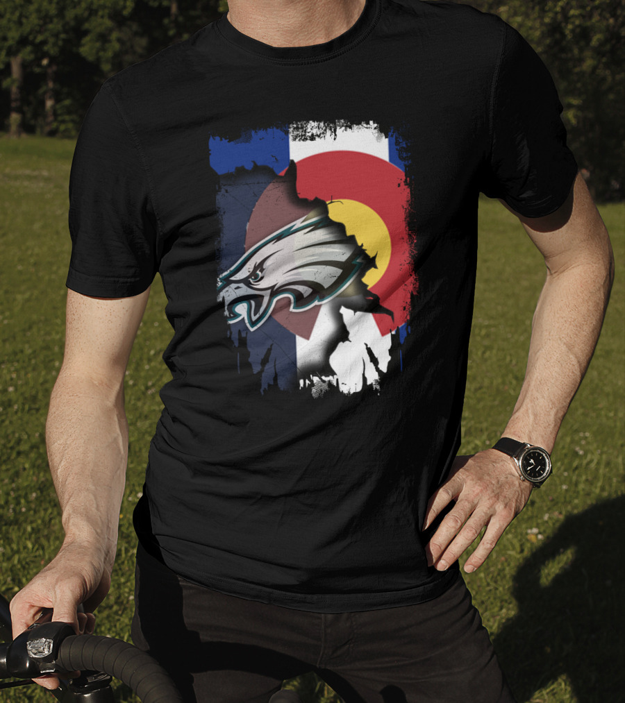 Colorado Flag With Philadelphia Eagles Head Emblem T-Shirt