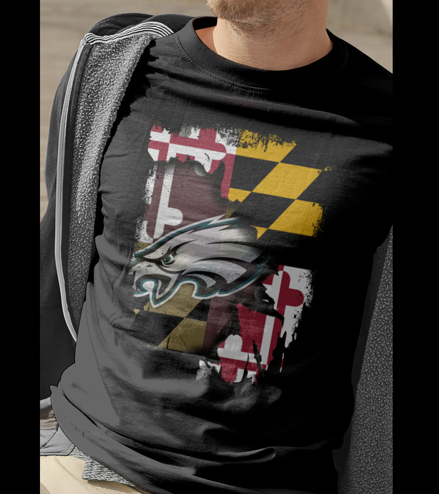 Maryland Pride Together With Eagles Logo Over State Flag T-Shirt