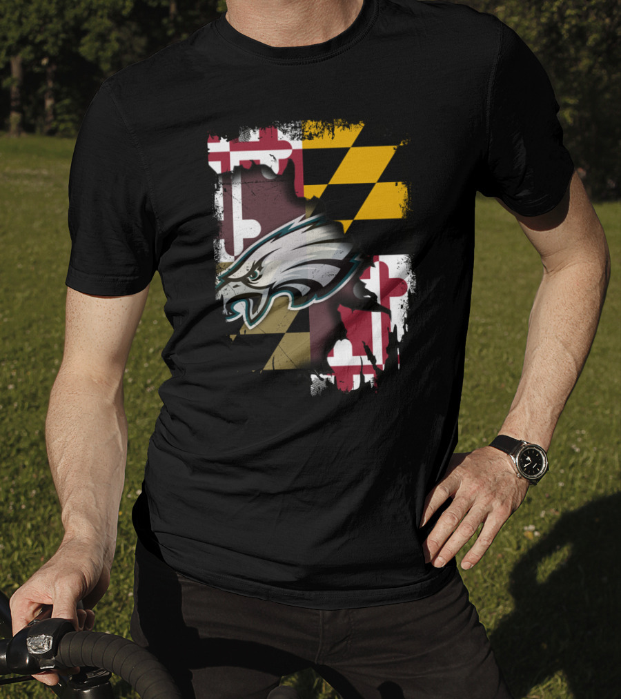 Maryland Pride Together With Eagles Logo Over State Flag T-Shirt
