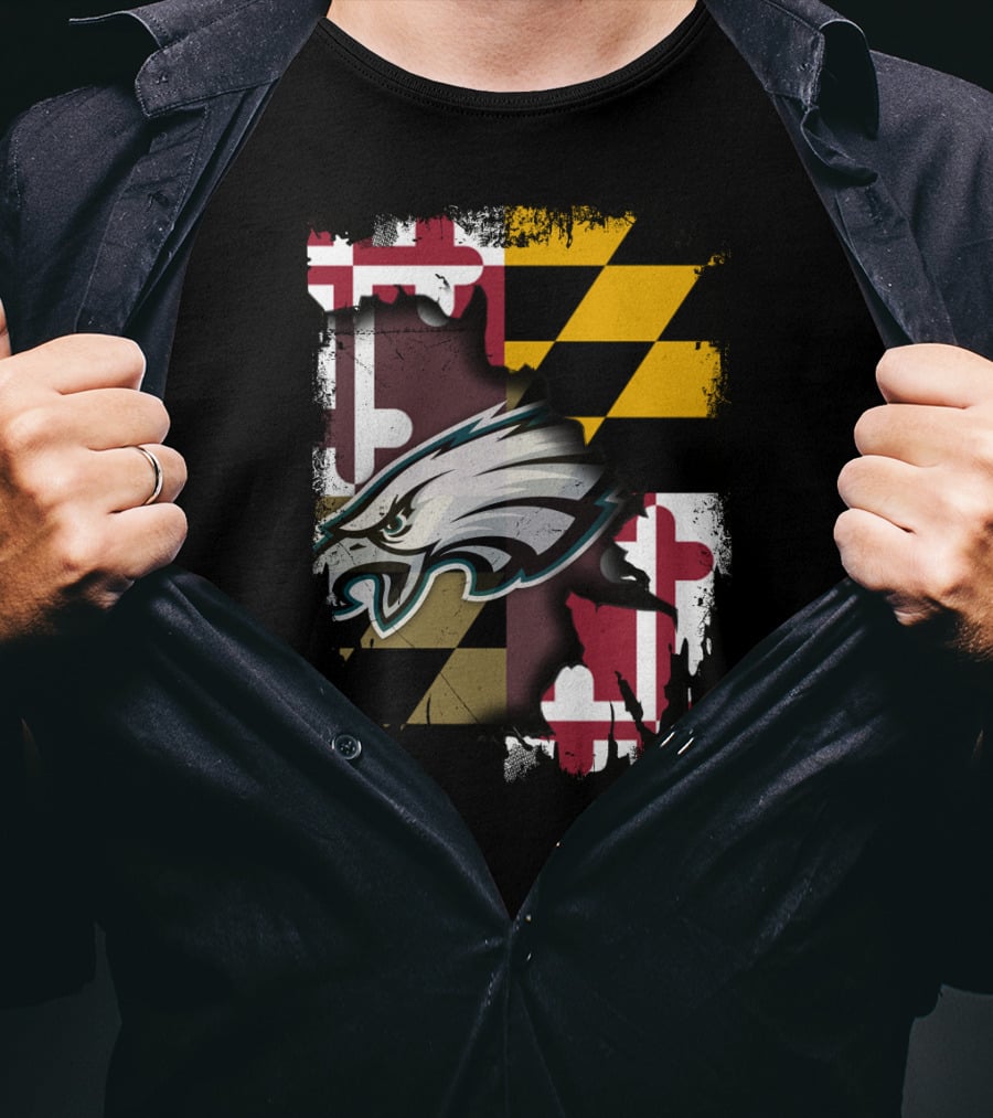 Maryland Pride Together With Eagles Logo Over State Flag T-Shirt