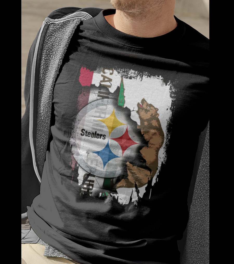 California Bear With Steelers Logo Fusion T-Shirt