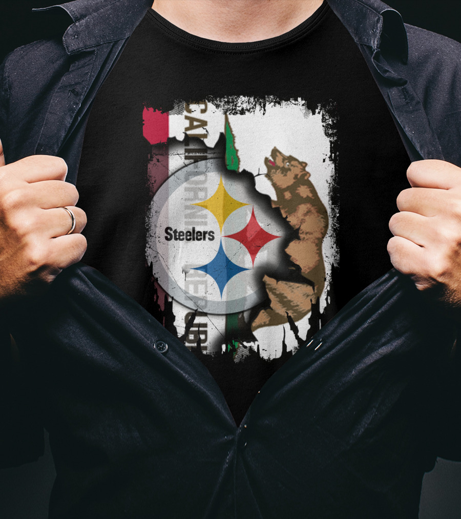 California Bear With Steelers Logo Fusion T-Shirt