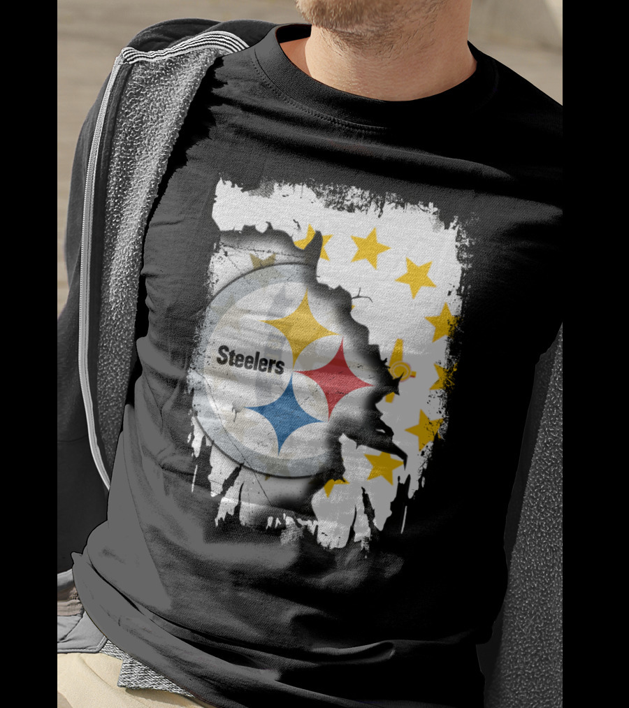Steelers Logo With Rhode Island Stars And Torn Effect T-Shirt
