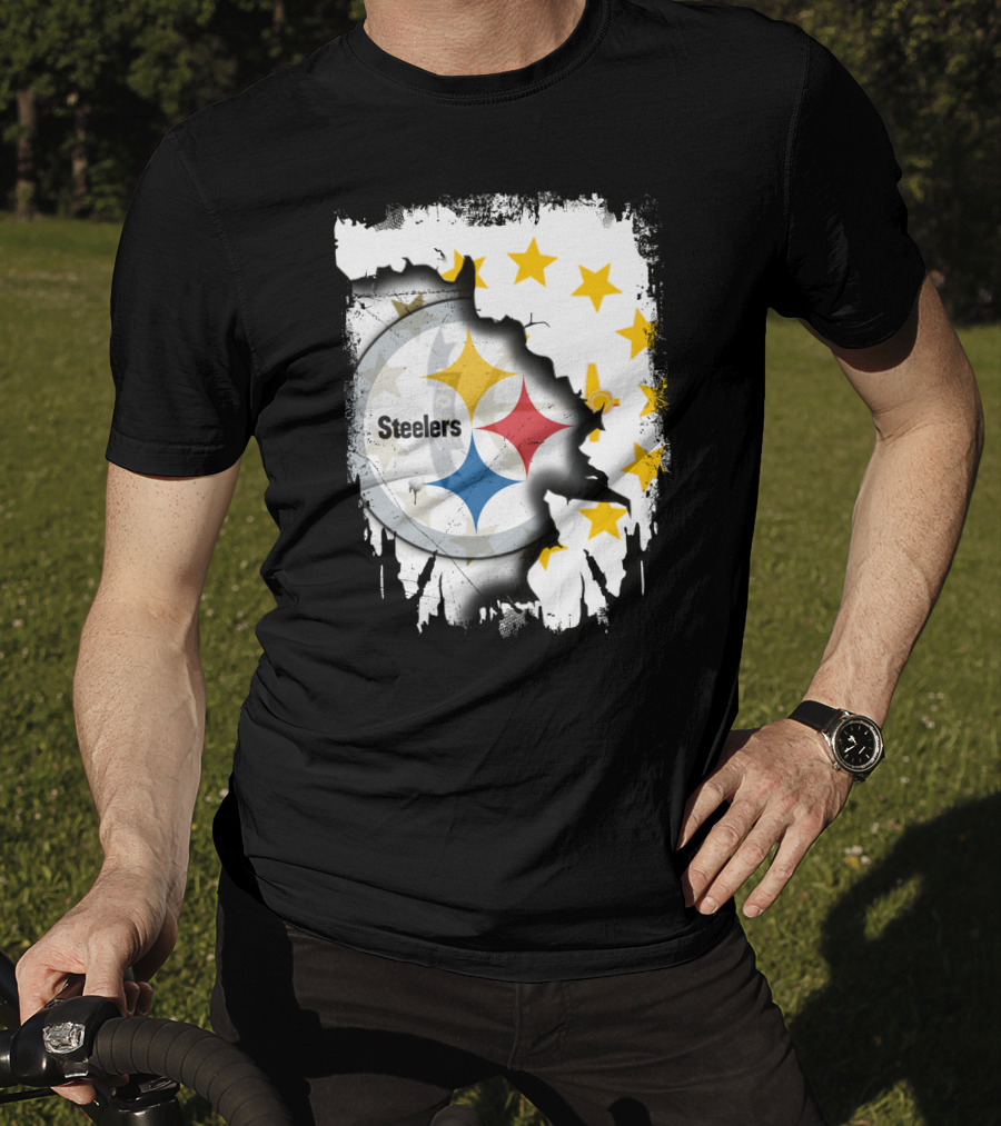 Steelers Logo With Rhode Island Stars And Torn Effect T-Shirt