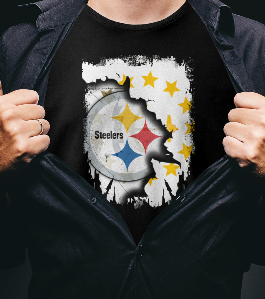Steelers Logo With Rhode Island Stars And Torn Effect T-Shirt