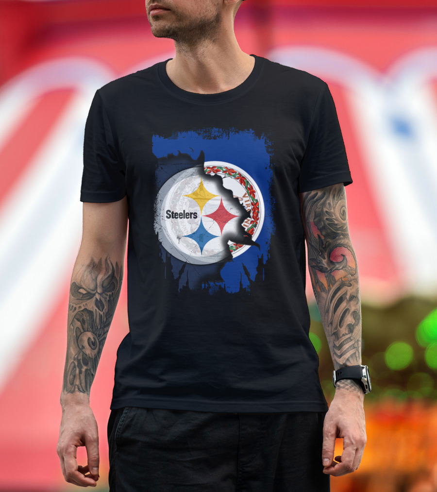 Virginia State Flag with Pittsburgh Steelers Logo Fusion T-Shirt