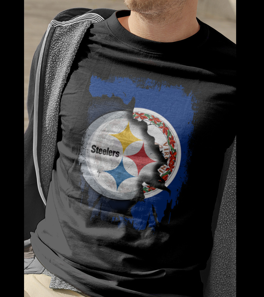 Virginia State Flag With Pittsburgh Steelers Logo Fusion T-Shirt