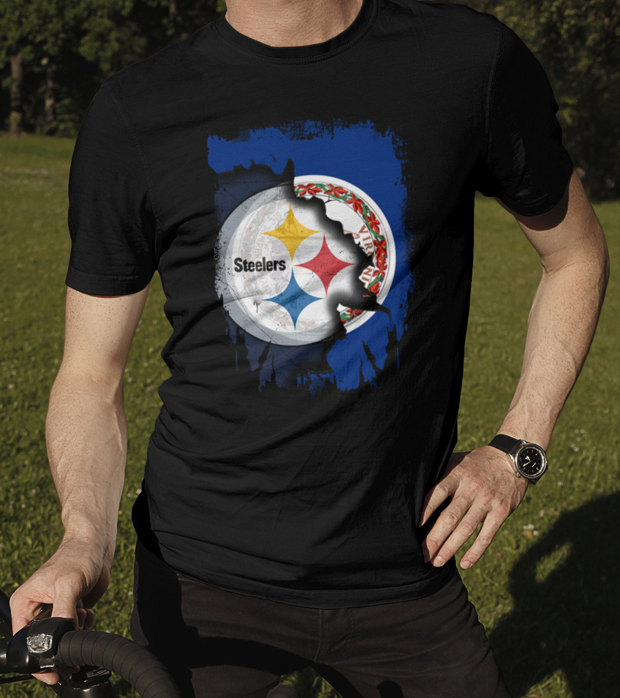 Virginia State Flag With Pittsburgh Steelers Logo Fusion T-Shirt