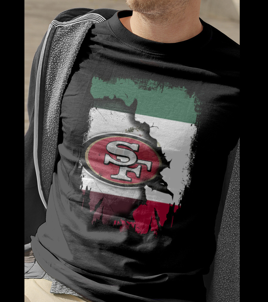 Together Mexico With 49ers SF Logo Mexican Flag Background T-Shirt