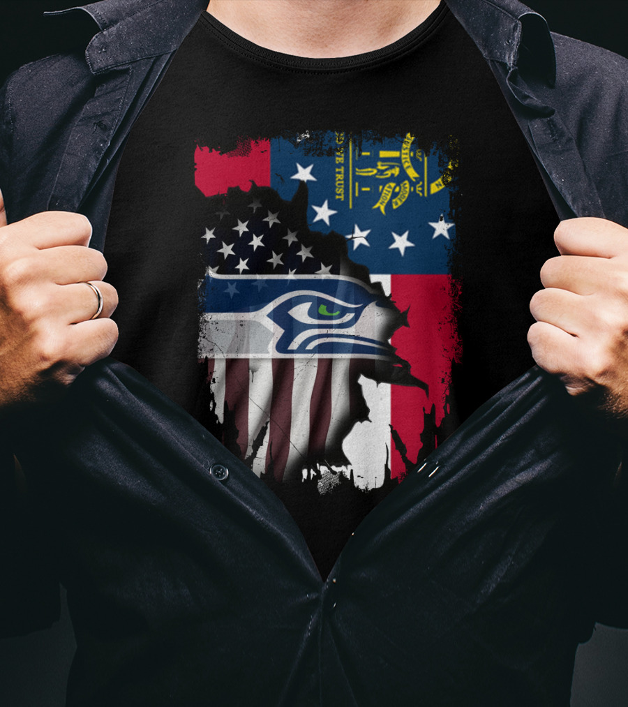 Georgia State Flag With Seahawks Logo And American Flag Elements T-Shirt
