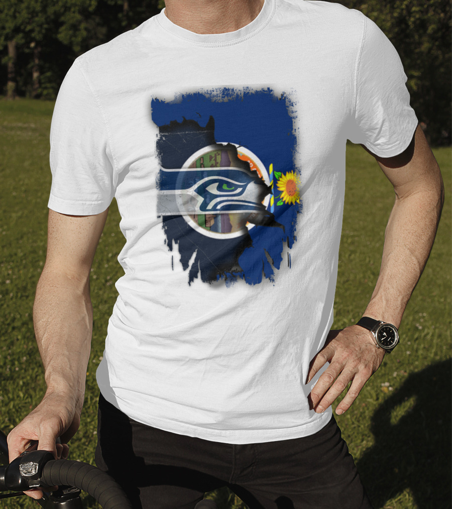 Kansas With Seahawks Heart And Sunflower Emblem T-Shirt